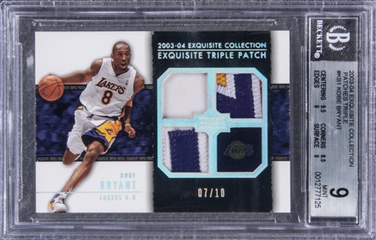 2003-04 UD "Exquisite Collection" Triple Patch #KB1 Kobe Bryant Game Used Patch Card (#07/10) – BGS MINT 9